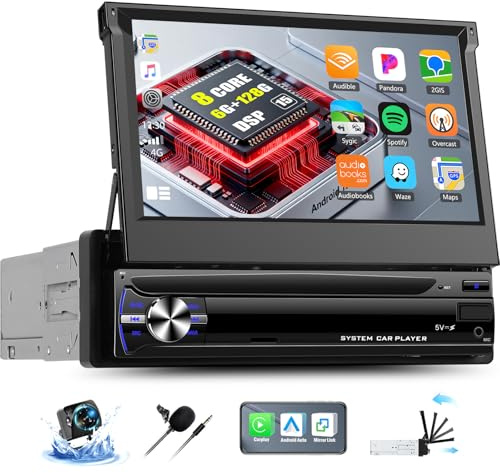 OiLiehu 6G+128G 8 Kern Android 15 Autoradio 1 Din Wireless CarPlay Android Auto, 7 Manuelles Einziehbarer Autoradio mit Bildschirm GPS WiFi Bluetooth Mirror Link FM RDS SWC USB DSP EQ Rückfahrkamera