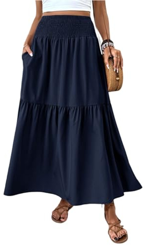 Damen Rock Lang Elegant Sommerrock Mit Taschen Stretch High Waist Damenröcke Boho Strand Summer Skirt