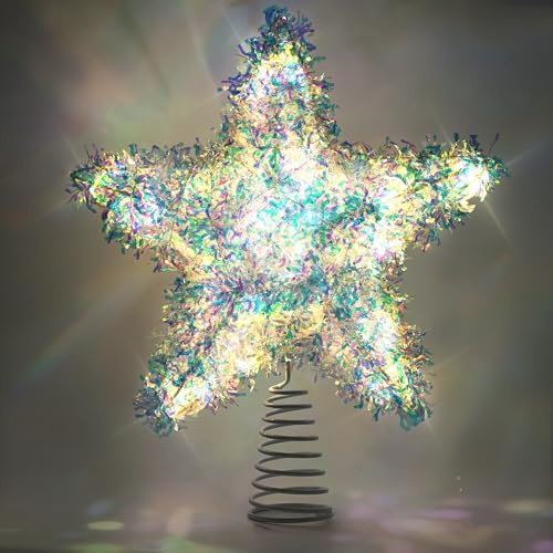 LAWOHO Christbaumspitze Tinselstern, Exquisite Weihnachtsdekoration, 10 Inch Glitzernd Irisierend Christbaumschmuck mit 6H Timer, 20 Warme LED Lichter für Weihnachtsbaum, Holiday & Party, Indoor Deko