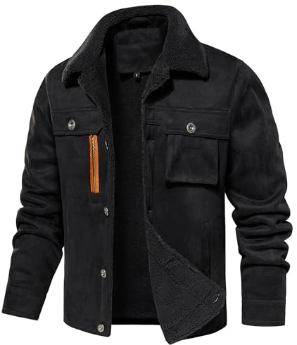 FEOYA Winterjacke Herren Kunstwildleder Sherpa-Fleecefutter Warme Jacke Winter Cargo Jacke mit Teddyfell-Kragen Outdoor Winddichte Übergangsjacke Militärische Bomberjacke Schwarz M