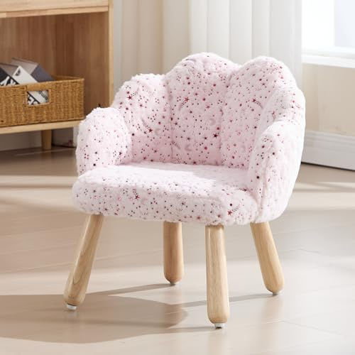 DAYALANE Petite Fauteuil Enfant Fille avec Dossier en Pétale Chaise Enfant en Fausse Fourrure Mini Fauteuil avec Pieds en Bois pour Chambre d'enfant Salle de Jeux, Rose
