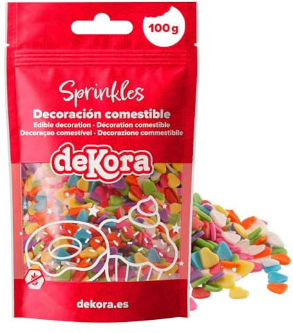 dekora – Confettis Cœur Multicolores en Sucre, 100 g – Décoration Gâteau Anniversaire et Saint-Valentin – Sprinkles Pâtisserie