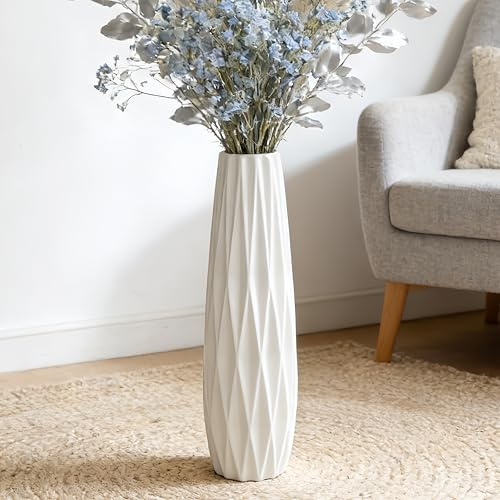 Duoqulou Weiße Keramik Bodenvase, 45 cm Große Vase für Blumen, Dekorative Vasen für Wohnzimmer, Büro und Schlafzimmer, Modernes Design, Schlichte Keramikvase