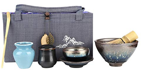 ANKROYU Service à thé japonais en céramique, bol à matcha, support de fouet, kit complet d'outils pour la cérémonie du thé, cadeau traditionnel fait à la main pour les amateurs de (gouttelettes