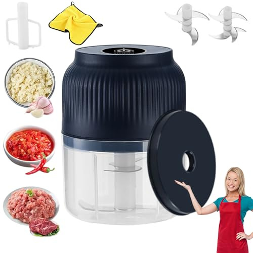 Electric Garlic Chopper, 350ml Mini Portable Electric Garlic Crush, Wireless Rechargeable Food Processor for Garlic, Veggie, Onion, Salad, Ginger, Meat Kitchen Gadgets (Blue with 6 Blades)