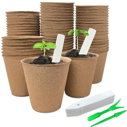 42 Pack Biodegradable Planting Pots for Seeds, 8cm Round Seedling Pots for Plant Cultivation with 42 Pcs Plant Labels and 2 Transplant Tools, Garden Small Plant Pots for Flowers, Vegetables, Succulent