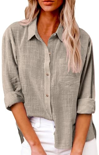 Chemise Femme en Lin Chemisier Coton Grande Taille Chemise Manche Longue Printemps Blouse Chic Et Élégant Lin Haut,Khaki,XL
