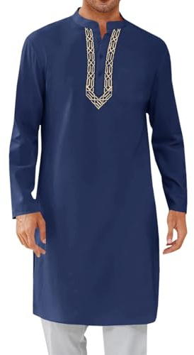 Générique Djellaba Homme Qamis Homme Musulman, Caftan Abaya Noir Kurta Manches Longues Robe De Priere Patte De Boutonnage, S-3XL