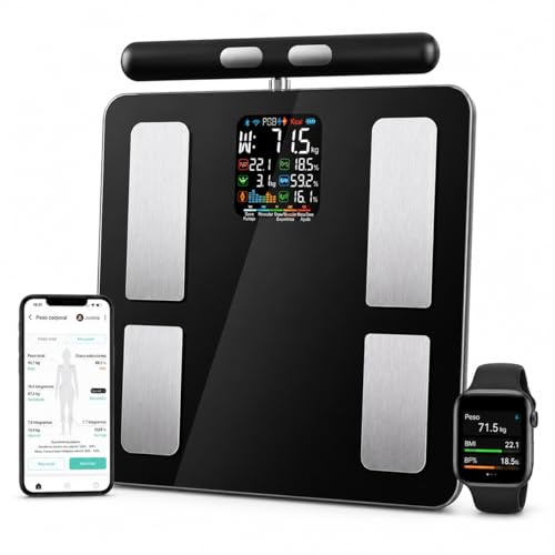 Báscula bioimpedancia Inteligente bluetooth, Análisis Corporal Completo +27 mediciones,%grasa corporal, músculo, 8 Electrodos de Alta Precisión, 180 kg