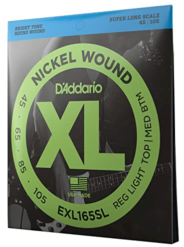 D'Addario E Bass gitarrsträngar – strängar E bas – basgitarr strängar – E bassträngar – bas gitarrsträngar – EXL165SL – Custom Light, 45–105 – Super Long Scale