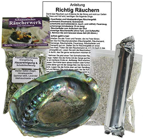 Räuchern mit Räuchermuschel/Räucherschale aus Seeopal 13-16 cm | 5-tlg Set mit Weihrauch Räuchermischung Schutz & Hausreinigung + Räucherkohle + Anleitung & Zubehör | #81579