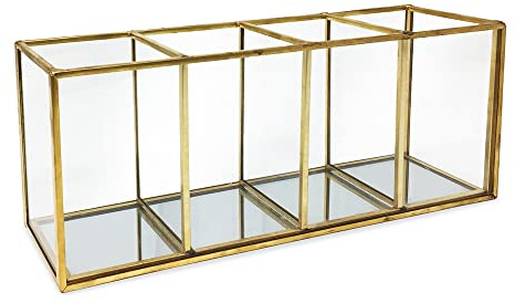 Isaac Jacobs 4-Compartment Organizer- Makeup Brush Holder- Vintage Style Brass and Glass Storage Solution with Mirror Base- Office, Bathroom, Kitchen Supplies and More (Antique Gold)