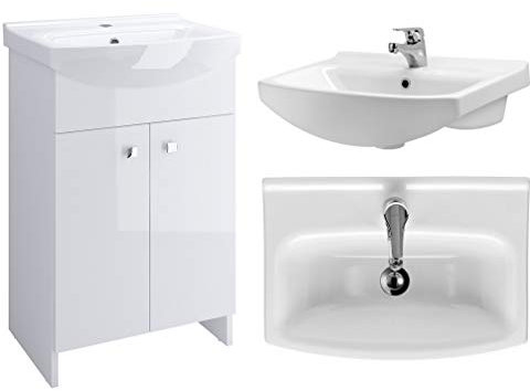VBChome Badmöbel Weiß 60 cm Waschbecken mit Unterschrank Waschtisch Waschbeckenunterschrank Unterschrank Badezimmerschrank 2 Türen Glanz Waschplatz Stand Standmöbel