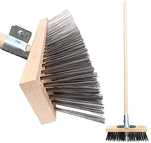 Newman and Cole Wire Broom Head and Handle - 12 Stiff Metal Bristle Deck Scrub Brush for Heavy Duty Removal of Weed Moss & Algae on Patio (Head and Handle)