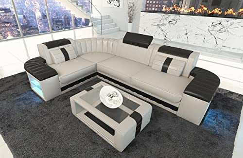 Sofa Bergamo Leder L Form Ecksofa Ledersofa mit Beleuchtung Couch mit Kopfstützen (Ecke Links, Beige-Schwarz)