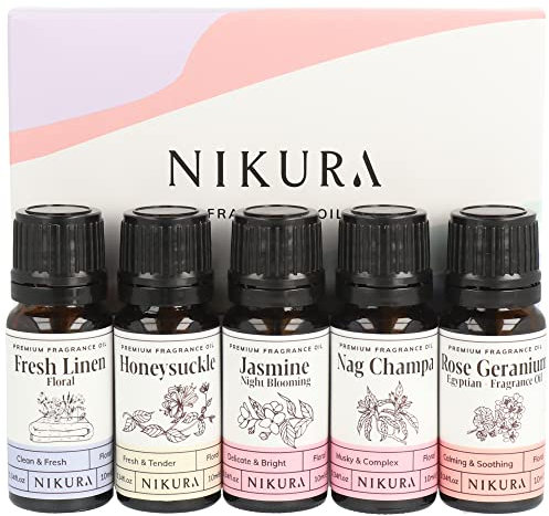 Nikura Floral Meadows Fragrance Oil Gift Set | Diffuser Oils for Oil Burners, Home, Diffusers |Candle Making, Soap, Wax Melts, Yoga, Car, Perfume, Bath Bomb | 5 x 10ml | UK Made Essential Oils