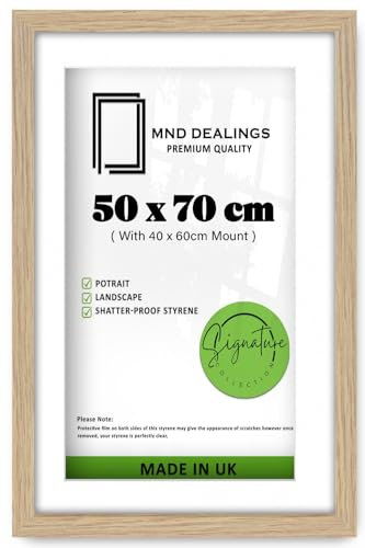MND Dealings- Solid MDF Wood 50x70 cm Picture Frame - White Mount for 40x60 cm– Clear Perspex HD Front- Horizontal and Vertical Wall Hanging- Photo Jigsaw Puzzle Frame (Oak With Mount)