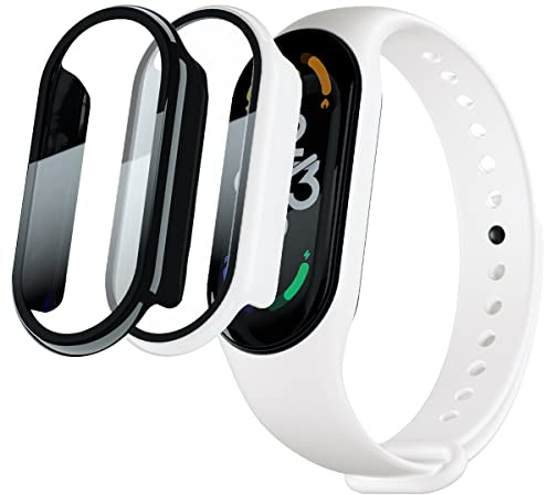 Acadeny 2 piezas Estuche protector de pantalla de vidrio templado compatible con xiaomi band 7, dureza 9H 360 ° grados Carcasa protectora, carcasa protectora de PC ultrafina para - negro+azul
