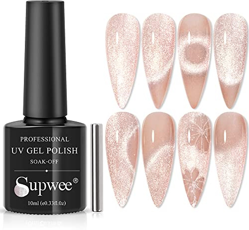 Supwee Cat Eye UV Gel mit Magnet, 10ML Cat Eye Gel Nagellack Glitzer Magnetic Nail Polish Holografisch Champagner Katzenaugen Effekt Nail Art Home Maniküre Salon