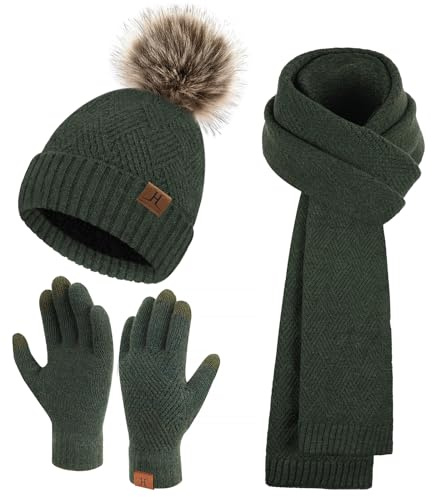 Bequemer Laden Mujer Invierno Gorro Beanie Pompon Bufanda Larga Guantes Tactiles Conjunto Tejido Gorros con Forro Polar Termico, Ejercito Verde