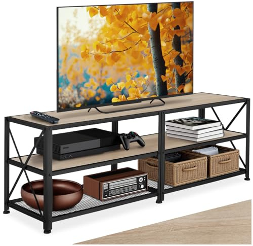 tectake® Industrial TV Lowboard, Fernsehschrank bis zu 60/70 Zoll, Sideboard Wohnzimmer, TV Schrank, Regal Kommode mit offenen Fächern, HiFi Rack - 141 cm, Industrial Holz hell, Eiche Sonoma
