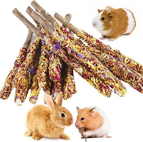 Abizoo kanin tuggleksak set 18 stycken, äppelpinnar naturlig ros ringblomma för kaniner, hamstrar, marsvin, chinchilla läcker, tandvård molar leksak kanin tuggleksak