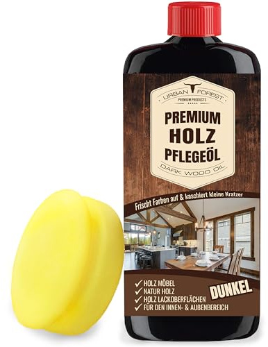 URBAN FOREST Möbelpolitur Holz dunkel + Schwamm | Holz-Öl dunkel schützt & pflegt, Holzpflege für innen & außen, Premium Möbel-Öl