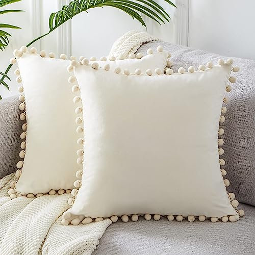 Topfinel Boho Kissenbezug 40x40 cm 2er Set Samt Kissenhülle Kissenbezug für Dekokissen Sofakissen mit Pompons Wohnzimmer Schlafzimmer Sofa Dekokissenbezug Creme