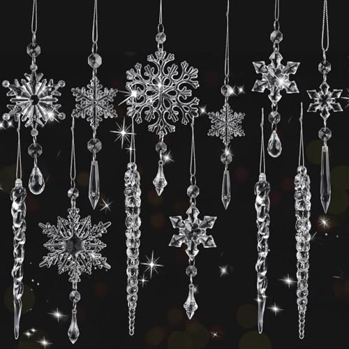 Christmas Tree Decoration Imitated Crystal Ornaments, Clear Christmas Icicle More Snowflake Ornaments, Acrylic Hanging Drop for Xmas Tree Winter Themed Wonderland Party Decor 12 pcs