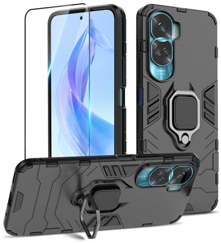 Btstring Case for Honor 90 Lite / X50i and Screen Protector Tempered Glass, Shockproof Tough Armour Phone Case, Heavy Duty Personalised Case with Stand, Black