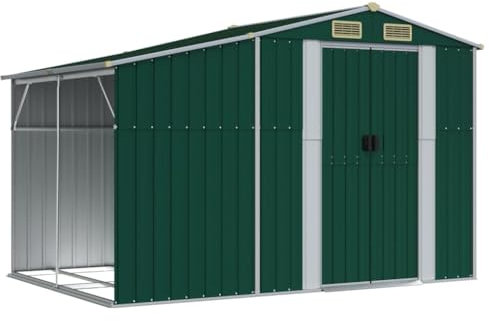 vidaXL Galvanised Steel Garden Shed with Firewood Stand - Outdoor Green Storage Solution for Garden Tools and Equipment