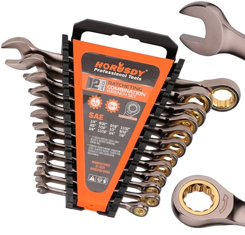 HORUSDY 12-Piece SAE Ratcheting Wrench Set | 1/4” to 7/8“ | Ratchet Combination Wrenches Set with Organizer | 72-Teeth | Chrome Vanadium Steel