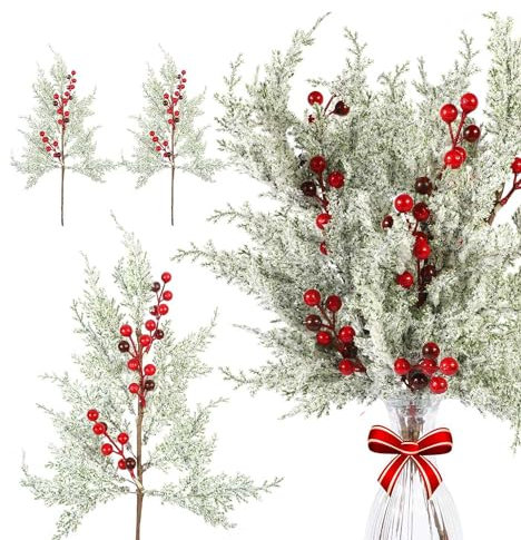 Loufy 6 x Weihnachtsteile, rote Beeren, Stiele, Tannenzweige mit Schnee, 48,3 cm, mattiert, künstliche Sprays