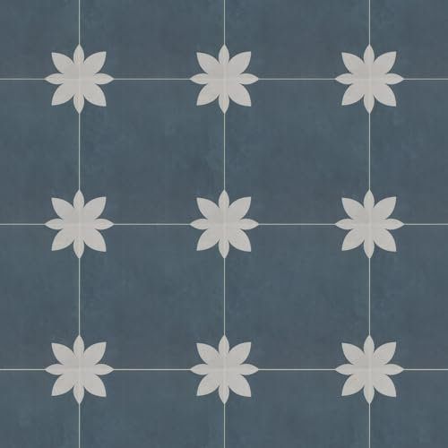 Inno Stickers Peel and Stick Floor and Wall Tile for Bathroom Kitchen. SPC Vinyl Self Adhesive Flooring Tile. 9x9In Blue Flower Encaustic Patterned Groutble Backsplash Tile. 16 Tiles, 9.12 Sq Ft.