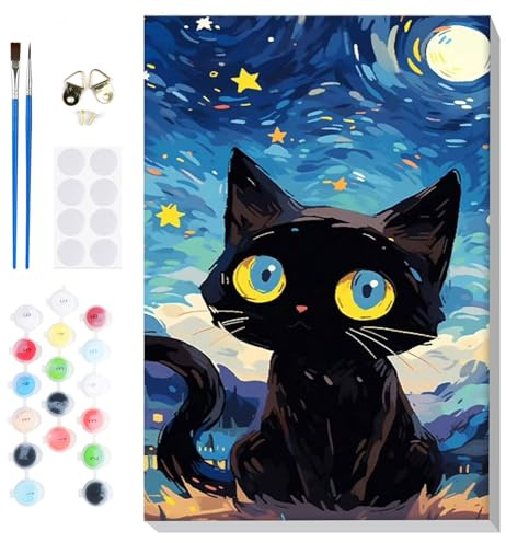 Lxmsja Malen Nach Zahlen Erwachsene Kinder mit Rahmen, Malen Nach Zahlen Starry Night Katze, Diy Set Erwachsene mit Pinseln und Acrylfarben Handgemalt Ölgemälde Leinwand für Home Décor, 20x30cm