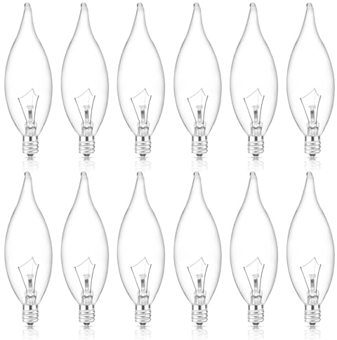 60W Candelabra Light Bulbs, E12 B10 Clear Candle Base Bulb with Warm White 2700K, 600 Lumen Dimmable, 120V Incandescent Chandelier Light Bulbs for Pendants, Ceiling Fan, Wall Sconces (12-Pack)