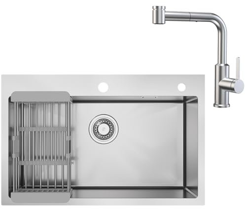 CECIPA 70 x 45 CM Spülbecken Edelstahl Eckig mit Abtropffläche Mit Küchenarmatur Ausziehbar, Große Spüle Edelstahl 1 Becken Mit Wasserhahn Küche Ausziehbar