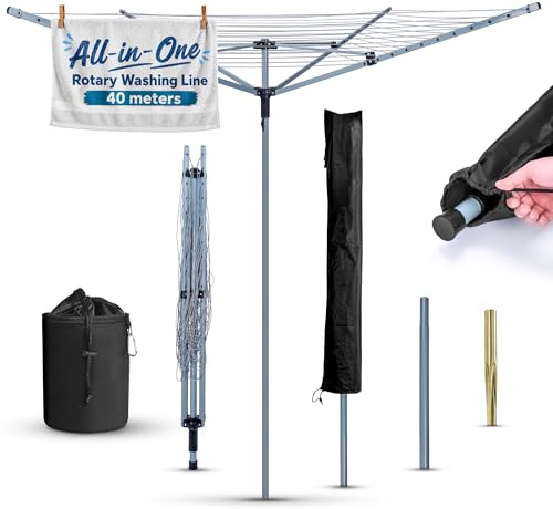 4 Arm 40M Washing Line Rotary with Peg Bag, Rotary Washing Line Outdoor | Metal Ground Spike, and Cover Included, Heavy Duty Rotary Clothes Lines for Outside, Whirlygig Clothes Airer Outdoor