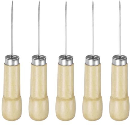 sourcing map 5pcs Handwork Sewing Awl Step Wooden Awl Leather Punch Hole Tool with Wooden Handle Scratch for Broken Wire Make Mark Drilling Stitching Repair and DIY Handmade, Log Color