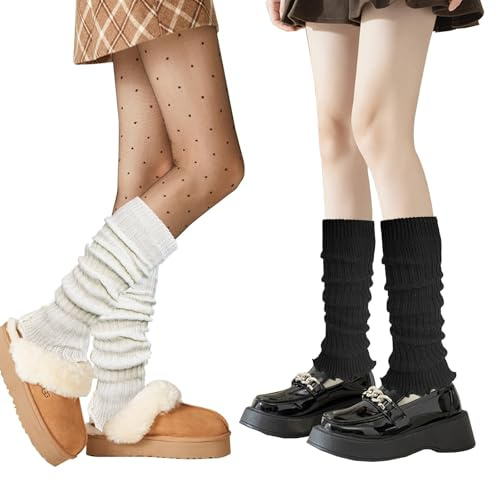 2 pares de calentadores piernas mujer, tejido de punto de costilla leg warmers 80s largo en blanco y negro calentadores de piernas de punto invierno accesorios de Patinaje de danza de ballet de yoga