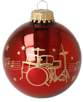 Weihnachtskugel Schlagzeug für Musiker – rote Christbaumkugel aus Glas 7 cm, Weihnachtsbaumschmuck mit spielbarer Notenzeile Kling, Glöckchen - Geschenk für Musiklehrer, Musikschüler