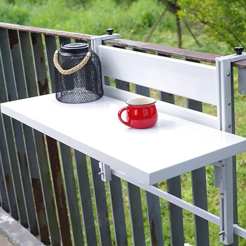 PQXQZ Wasserdichter Balkontisch Hängend für den AußEnbereich Klappbarer Balkonhängetisch für Geländer Verstellbarer Balkongeländer Tisch für Baluster Gartenterrasse(White,80cm/11in)