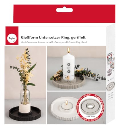Rayher Silikon Gießform Untersetzer Ring, geriffelt, 17 cm ø, Höhe 2 cm, zum Ausgießen mit Kreativ Beton, Art Resin Gießharz, Raysin-Gießpulver, 36175000, grau