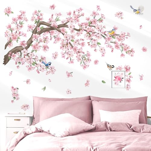 wondever Cherry Blossom Tree Branch Wall Stickers Pink Flower Floral Birds Peel and Stick Wall Art Decals for Bedroom Living Room Sofa