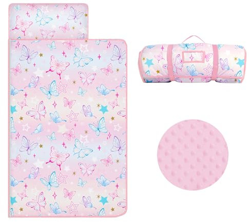 Schlafsack Kinder mit Kopfkissen Reißverschluss, Faltbare Kinderschlafsack mit Kissen Abnehmbar für Mädchen, Leicht Reinigen Schlafsack für Outdoor Indoor Camping, 150×60cm(Bunter Schmetterling)
