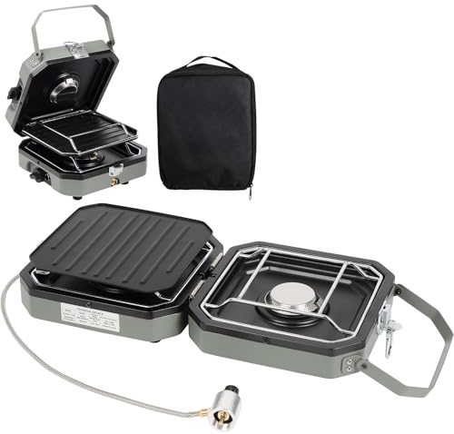Dollate 2 Burner Camping Stove with Carrying Bag, 16000 BTU Portable Propane Stove for Camping, Collapsible camping stove with two side shelves and adjustable burners for outdoor barbecues and picnics