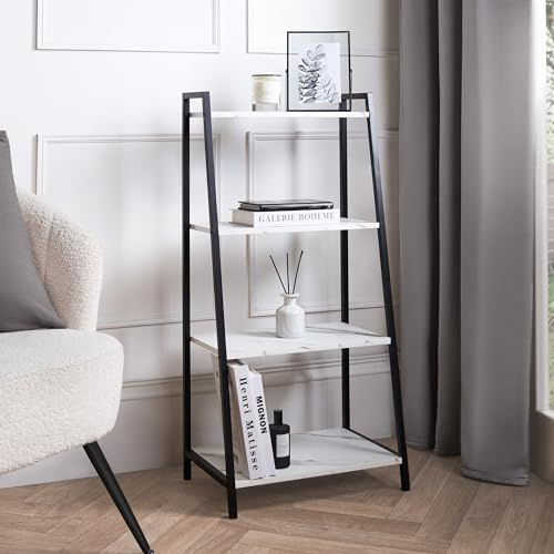 OHS 4 Tier Standing Shelf Units, Industrial Bookcase Wide Ladder Shelf Living Rooms Bathrooms Bedrooms Storage Standing Unit for Home Office, White Marble - 90 x 43 x 30cm