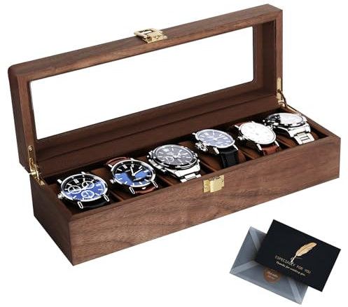 BBWELL Uhrenbox mit 6 Fächern,Hölzerne Uhrenkasten mit Glasdeckel,Abnehmbare Polster,Schloss aus Metall,Uhrenkoffer Uhrenaufbewahrung für Herren