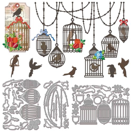 GLOBLELAND Moldes de corte para jaula de pájaros para bricolaje, plantillas de metal para scrapbooking, flores y hojas, moldes de corte para loros y pájaros para elaboración de tarjetas, estampado