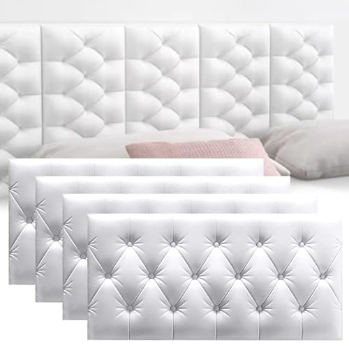 Topjia 3D Anti Collision Wall Padding for Bedroom,Peel and Stick Headboard Panels,Adhesive Wall Cushion Upholstered Headboard Panels Decor for Nursery Living Room(13.8x27.5in 4PCS, White)